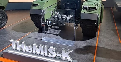 The THeMIS-K UGV, jointly developed by Hanwha Aerospace and Milrem, is displayed at ADEX 2025.