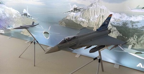 Eurofighter showcased one of the advanced capabilities earmarked for the Eurofighter under the MLU now being defined, with a model at the IQPC IFC 2025 event in Rome showing the aircraft operating in concert with a Valkyrie unmanned combat aerial vehicle.