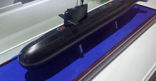 A model of the S26T diesel-electric submarine that Thailand ordered in 2017 is seen displayed at Defense & Security 2025 in Bangkok.