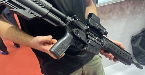 The Arbel computerised weapon system is seen integrated onto the IWI Arad multicalibre assault rifle at the Defense & Security 2025 show in Bangkok.