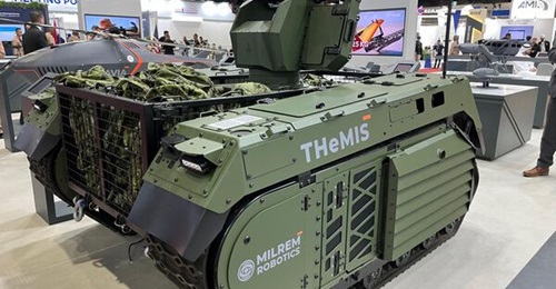 The THeMIS Combat UGV is seen displayed at Defense & Security 2025 in Bangkok integrated with Valhalla's LOKI remote-controlled weapon station integrated with a 7.62 mm gun.