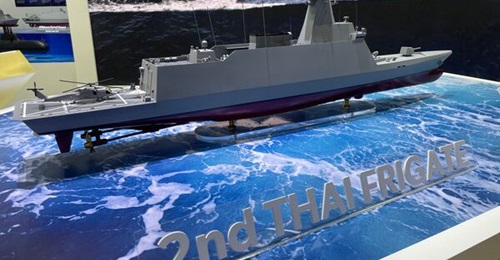 Hanwha Ocean displayed a model of its frigate proposal for the RTN at the Defense & Security 2025 show in Bangkok.