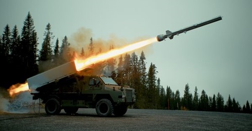 A Naval Strike Missile test munition is seen being fired from the StrikeMaster missile launch vehicle in Norway.
