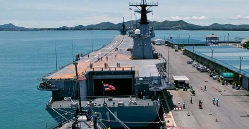 The Royal Thai Navy's aircraft carrier HTMS 
        
        , seen here at Sattahip naval base in 2013.