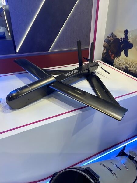 Adani's SR-1 loitering munition is seen displayed at the Defense & Security 2025 show in Bangkok.