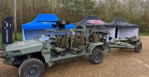 A GM Defense ISV-9 vehicle towing a 105 mm howitzer during a demonstration on 13 November 2025 of Team Lionstrike's vehicles to be put forward for the UK MoD's LMP requirement.