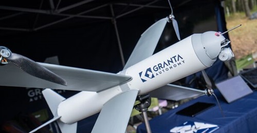 Granta Autonomy's X-Wing loitering munition being exhibited during the Lithuanian Drone Day event in early October 2025.