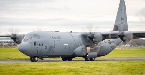 A RCAF CC-130J Hercules taxiing at Prestwick Airport.
