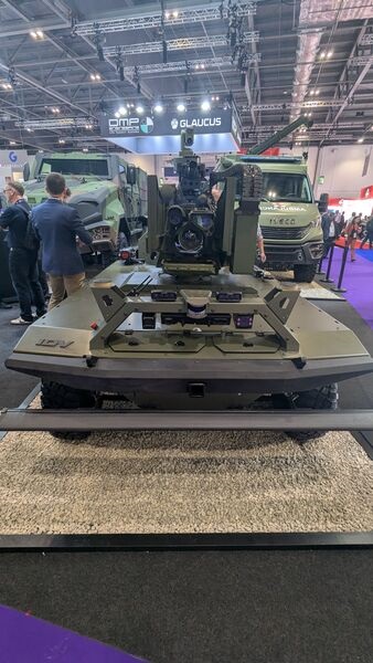 Front view of the Viking, a UGV manufactured by IDV and showcased at the Defence and Security Equipment International (DSEI) 2025 exhibition. IDV is one of the manufacturers participating in the COMMANDS project.