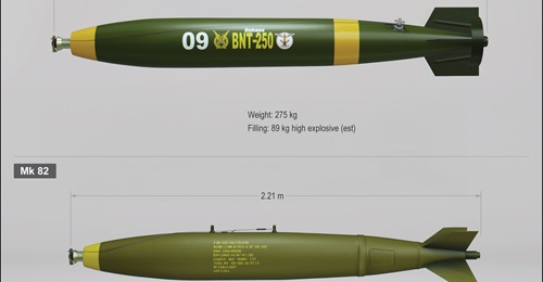 This infographic shows Indonesia's domestically developed BNT-250 low-drag general purpose munition. The BNT-250 is intended to replace the US-made Mk 82 bomb, which is in widespread service with the Indonesian Air Force.