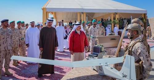 UAE Presidential Guard soldiers display a Puma UAV to King Hamad bin Isa and Sheikh Mohamed bin Zayed al-Nahyan during Exercise 'Rabdan Shuwaiman'.