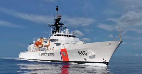 Work has halted on the US Coast Guard's initial Offshore Patrol Cutters, shown here in a rendering.