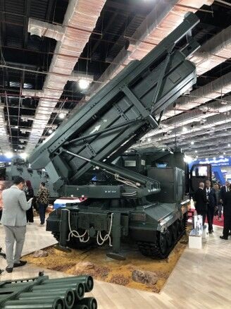The Rad'a 300 multiple rocket launcher displayed on the AOI stand at EDEX 2025.
