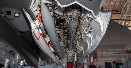 One of the F-35A's two internal weapons bays seen loaded with a pair of Meteor missiles during ground-based fit and functions testing.