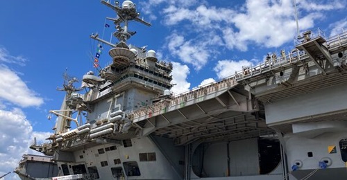 USS 
        
        , shown here at Norfolk Naval Station, was involved in a series of mishaps during its recent deployment.