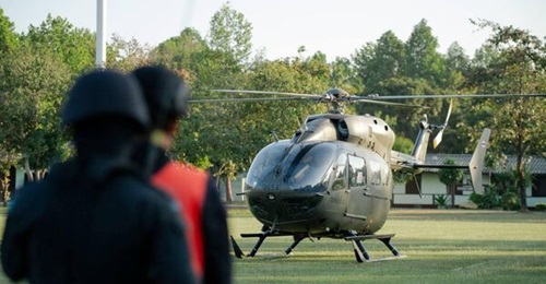 A Royal Thai Air Force Eurocopter EC135 P3 prepares to transport a wounded Thai soldier to a hospital in Thailand on 8 December 2025.