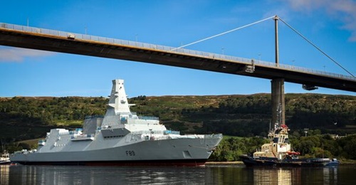 Second-of-class Type 26 frigate HMS 
        
         being towed and manoeuvred under the Erskine Bridge on the River Clyde in September 2024.