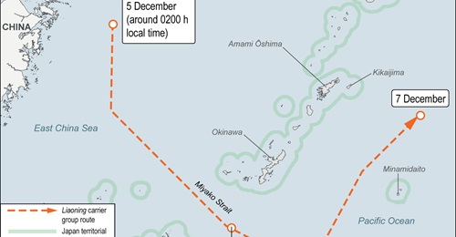 This infographic shows the path of the People's Liberation Army Navy's (PLAN's) Liaoning carrier group in December 2025.