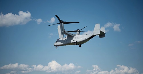 The MV-22B Osprey is shown here with the Intrepid Tiger II (V)4 (IT II) electronic warfare payload.