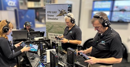 The MVR FPV UAV Team Trainer in action at I/ITSEC 25, with three trainee stations in use together with the IOS station.