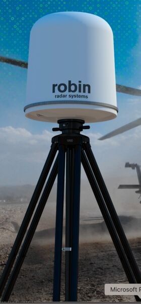 Robin Radar's Iris X-band PESA radar paired with a tripod.