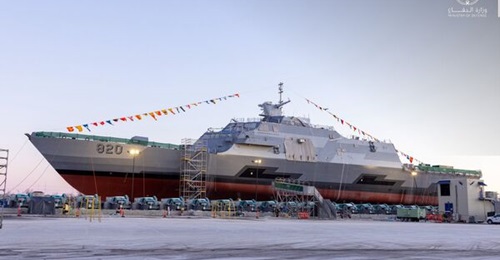 HMS 
        
         on the ship lift at Fincantieri Marinette Marine shipyard in Wisconsin.