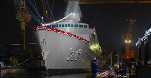 Indonesia's first Red White frigate, the future KRI 
        
        , seen here at its launch ceremony on 18 December 2025.