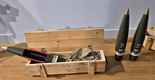 Three 155 mm artillery shells seen at WB Group premises in Poland in December 2025, at the announcement that the company would start manufacturing them.