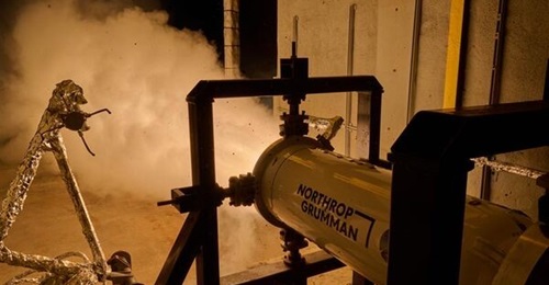 A close-up view of Northrop Grumman's test firing of its Mk 72 solid rocket motor at its Elkton, Maryland facility in December 2025.