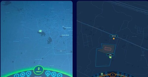 A screen displaying data from Indrajaal's SkyOS command-and-control platform, which manages C-UAS operations.