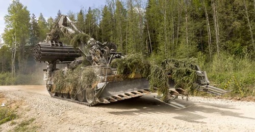 A British Army Trojan armoured engineering vehicle seen during NATO Exercise 'Spring Storm' in Estonia on 22 May 2023.