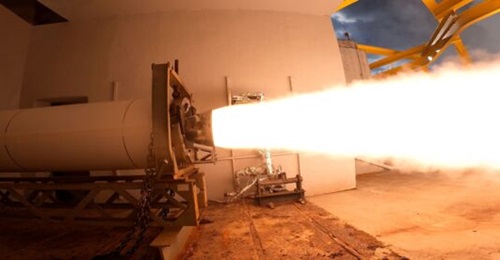 The second-stage solid rocket motor completes a static fire test on 21 November 2025 in Elkton, Maryland.