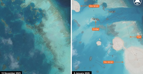 Vantor imagery showing Antelope Reef before (left) and after (right) the beginning of dredging and land reclamation.