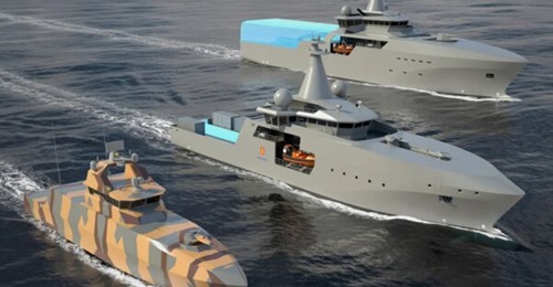 Modular Vanguard vessels in a concept image released around the launch of Kongsberg's Oslofjord critical maritime infrastructure testbed in June 2025.