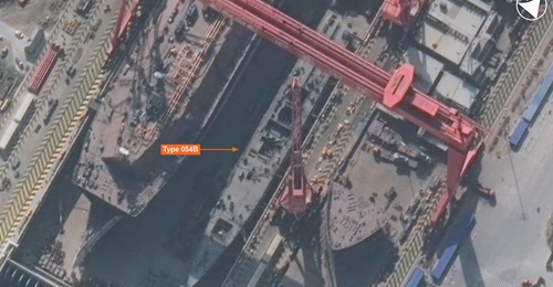 Vantor imagery showing a Type 054B frigate under construction at the Hudong Changxingdao shipyard in China.