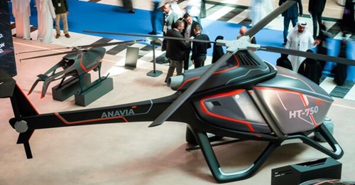 The Anavia HT-750 unmanned helicopter on the Edge stand at UMEX 2026 with the HT-100 behind.