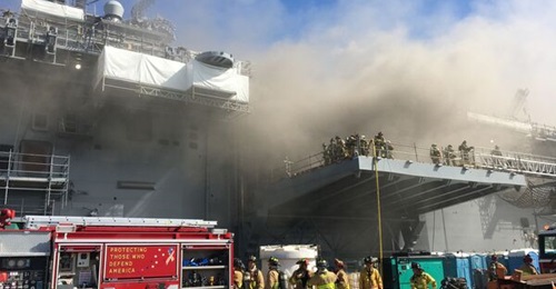 USS 
        
         had to be taken out of service after fire damage, shown here.