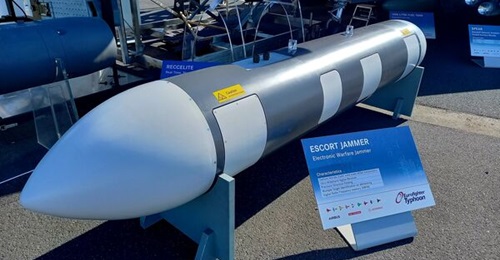 A generic escort jammer pod displayed in front of the Eurofighter EK at the ILA Berlin Airshow 2022. While not mentioned in Indra's announcement, its new pod could be pitched to this upcoming German requirement.