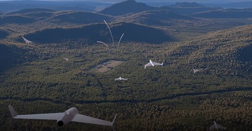 A graphic representation of the MBDA OWE UAV saturating enemy air defences.
