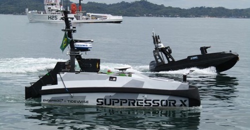Brazil has developed several domestic USV models, including the Suppressor X from EMGEPRON and TideWise (front) and the VSNT-CMM from DGS Boats and the Brazilian Navy (back).