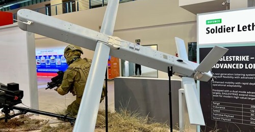 The EagleStrike loitering munition, seen here at Singapore Airshow 2026.