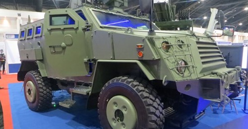 The 4x4 D-Tiger tactical vehicle, promoted by the Thai Defense Industry company, at Defense & Security 2022 in Bangkok.