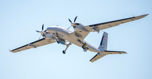 A Bayraktar Akinci UAV during tests of the Tolun IIR-guided glide bomb on 17 September 2024.