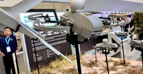 An indoor variant of the ARTOS UAV, seen here at the Singapore Airshow 2026, with a simulated explosive payload.