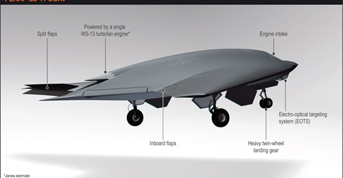 This graphic shows the PLA Air Force's Hongdu GJ-11 unmanned combat aerial aircraft (UCAV). The GJ-21 developed for the PLA Navy has slightly differing features, including the addition of a tail hook.