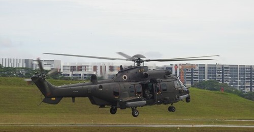 An RSAF H225M helicopter coming in to land at Sembawang Air Base.