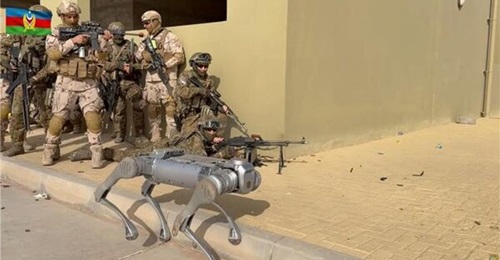 A still from a video released on 3 February shows a quadruped robot supporting Emirati and Azerbaijani soldiers during Exercise 'Peace Shield 2026'.