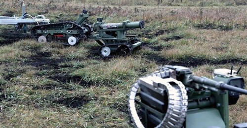 Lehit UGV platforms, developed by specialists of the International Legion operating under the Defence Intelligence of Ukraine, are pictured during a demonstration in Ukraine on 9 December 2025.