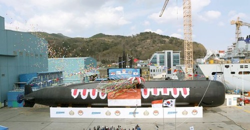 The Indonesian Navy's first Type 209/1400 submarine being prepared for launch.