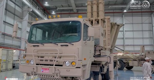 A still from a video released on 11 May 2025 shows an M-SAM II launcher with a THAAD launcher behind at Al-Dhafra Air Base in the UAE.